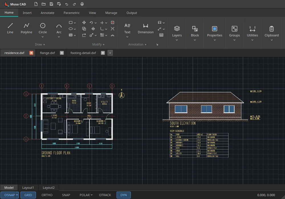 A house floor plan with its south elevation and a room schedule