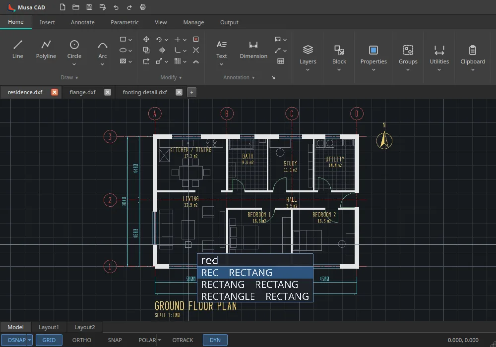 REC typed at the cursor on a house plan, with RECTANG and RECTANGLE offered below it