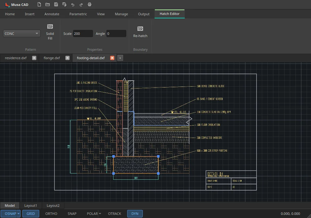 The Hatch Editor tab over a wall and strip-footing construction detail