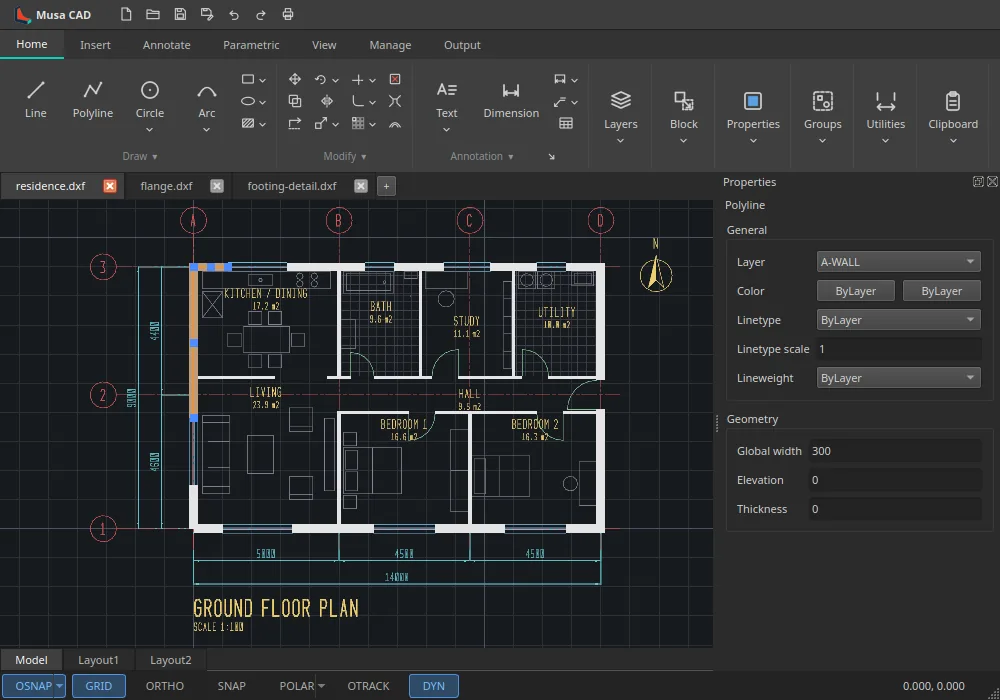 The Musa CAD window: the ribbon, three drawings in tabs, a house plan with an exterior wall selected, and the Properties palette showing the wall's layer and width